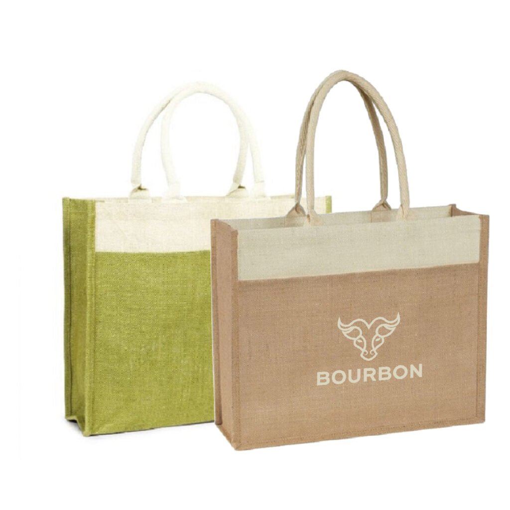 Two Tone Jute Bag with Front Pocket & Cotton Webbed Handles