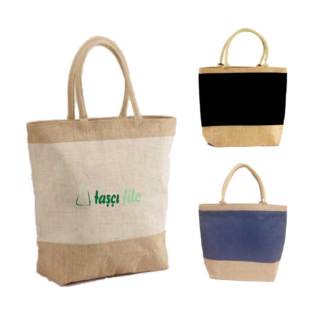 Two Tone Jute Beach Tote with Cotton Webbed Handles & Zipper