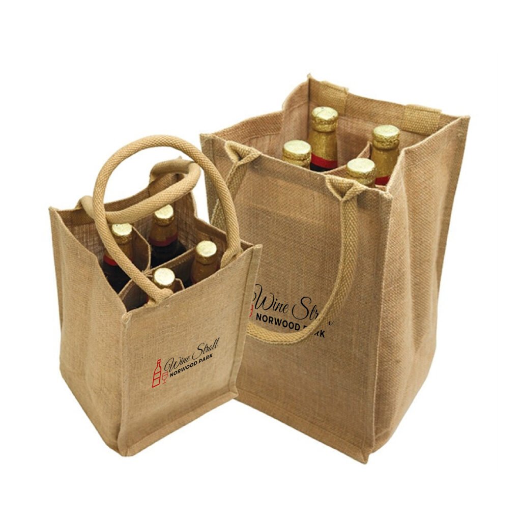 Jute / Burlap 4 Bottle Wine Bag With Cotton Webbed Handles