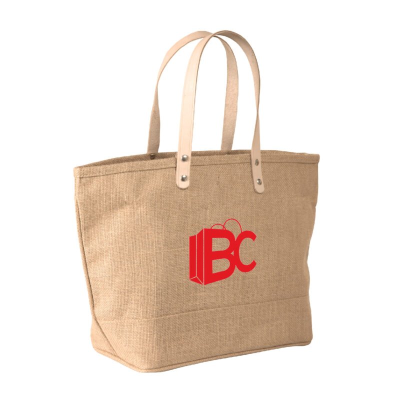 Jute Tote Bag with Leather Handles/Zipper Closure and Pocket