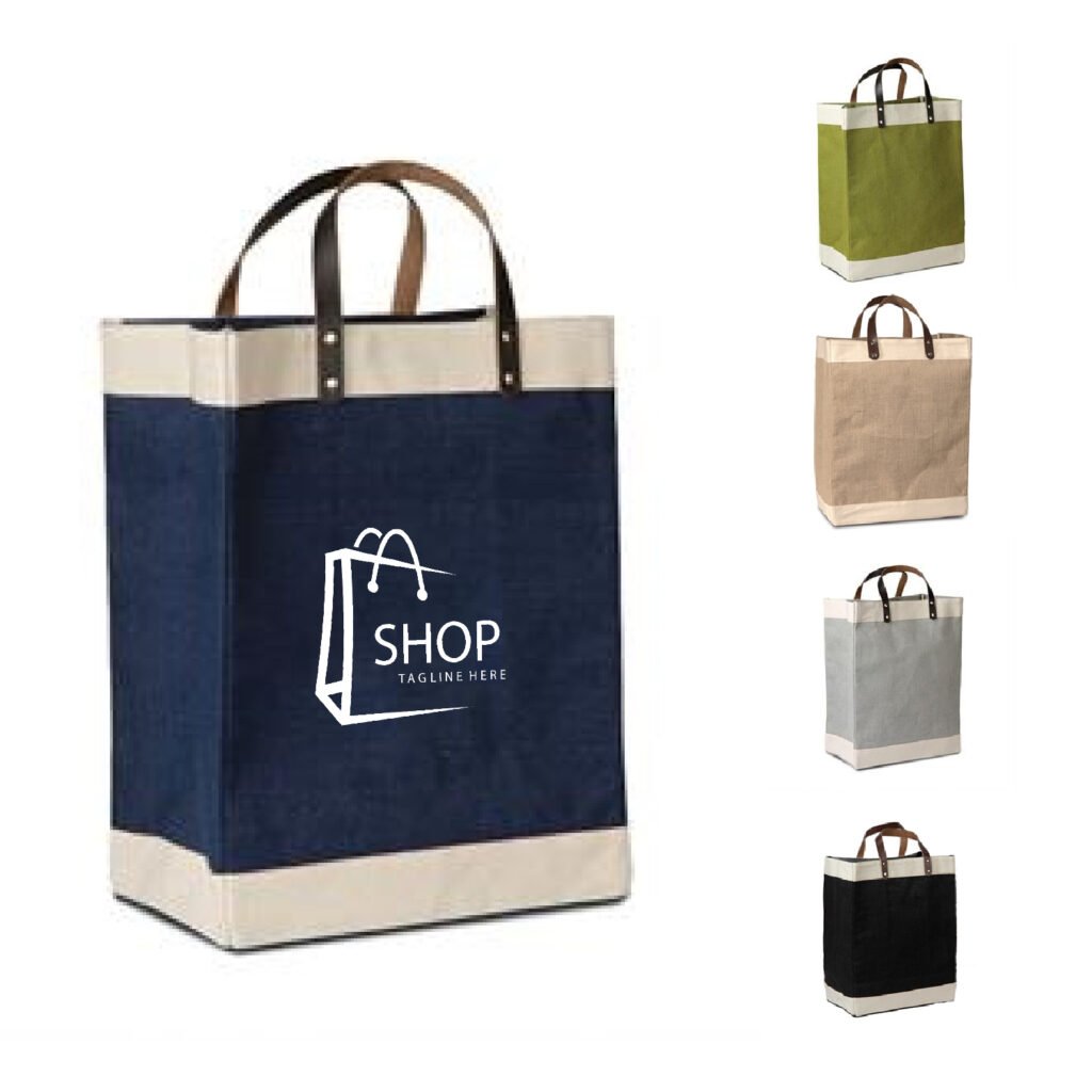 Laminated Jute Tote With Cotton Accents and Leather Handles