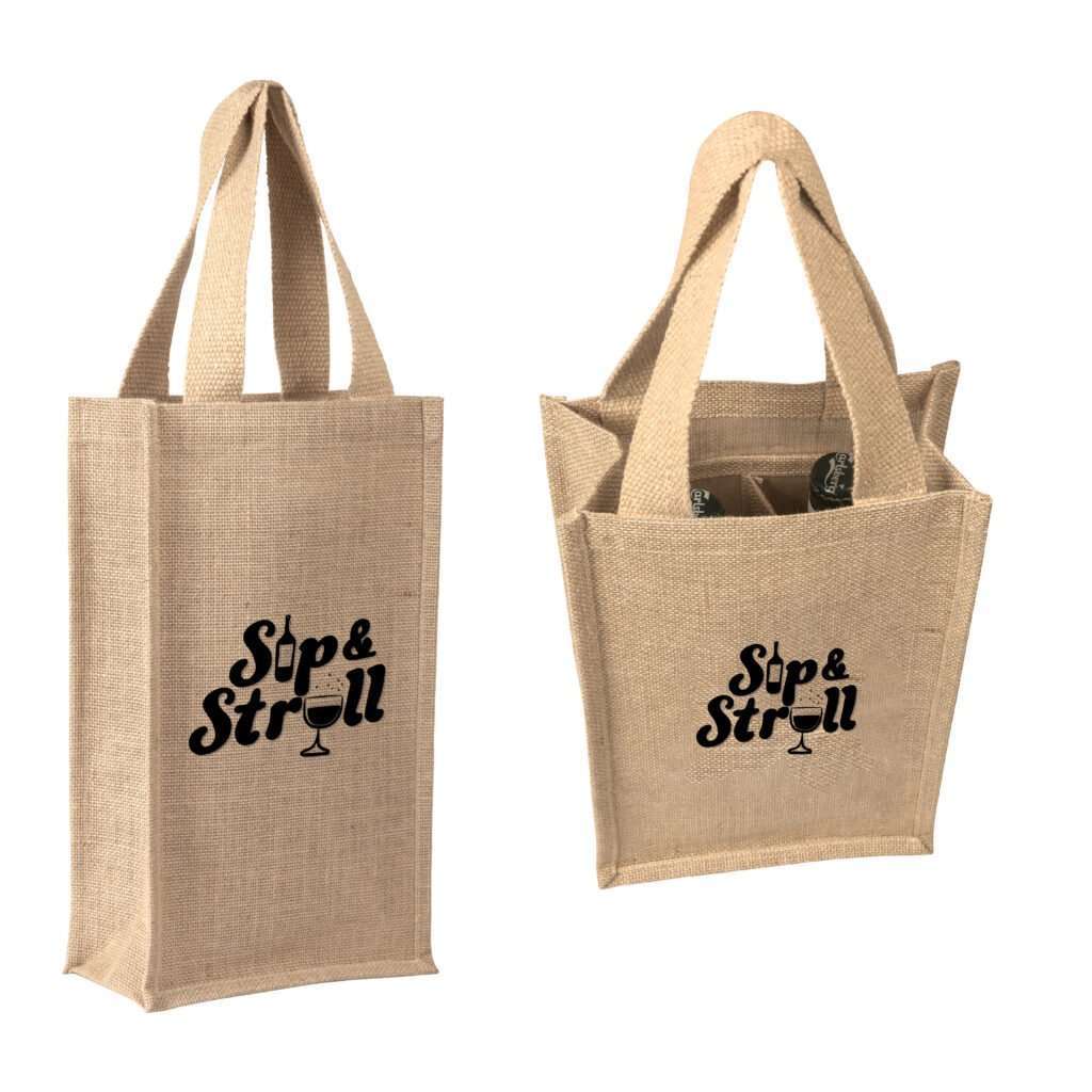 Jute / Burlap 2 Bottle Wine Bag With Cotton Webbed Handles